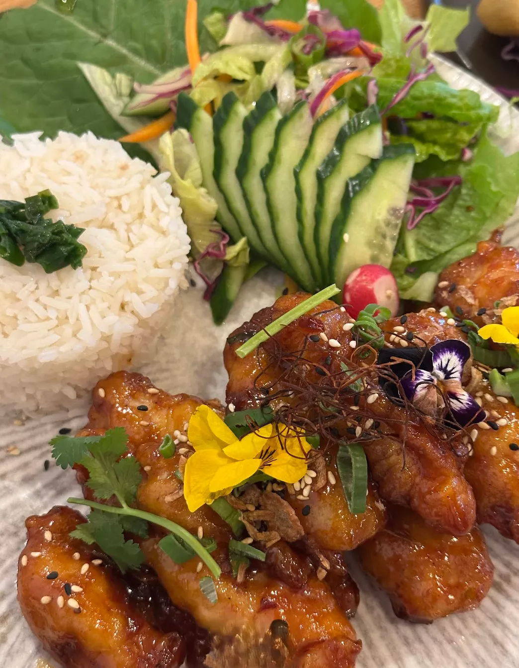 Vietnamese glazed chicken with rice and vegetables