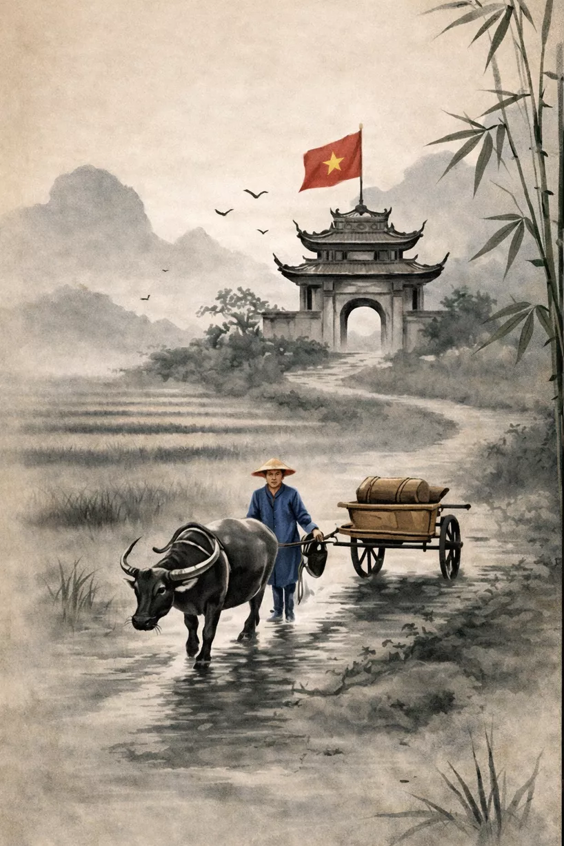 Vietnamese countryside with a farmer and buffalo